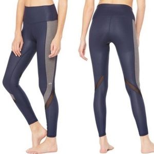 Alo Blue Yoga Elevate Mesh Glossy Navy Grey High Waist Leggings - size small